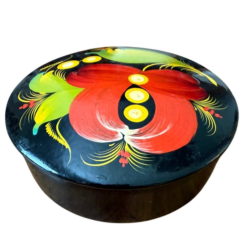 Vintage Ukrainian Petrykivka Hand Painted Round Lacquer Wood Trinket Box USSR